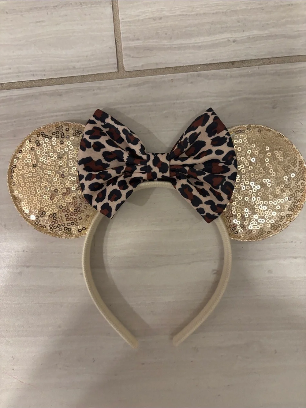Gold Sequin Minnie Ears Headband with Leopard Bow - Kids Accessories